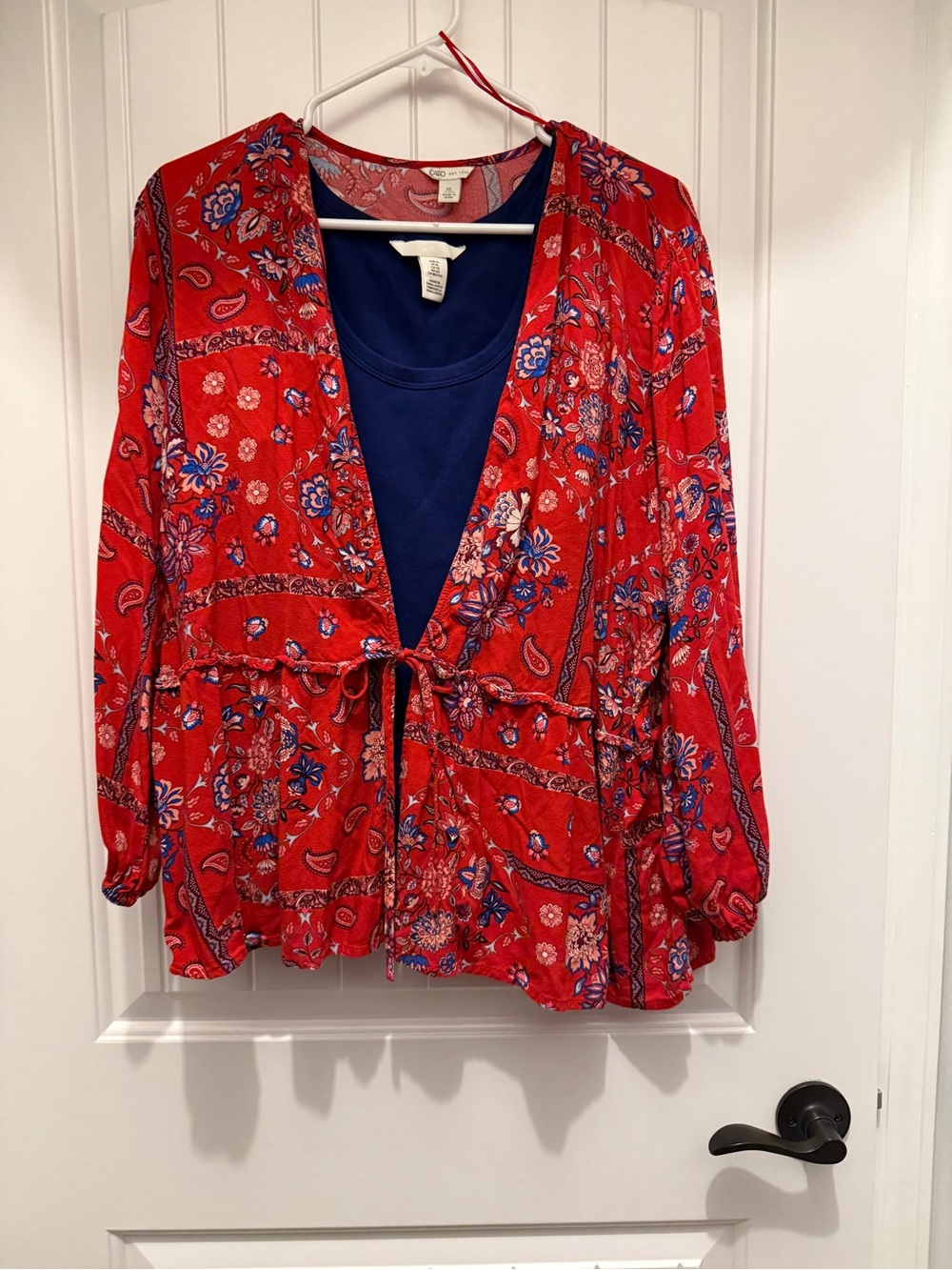 Cato Red Floral Tie-Front Peasant Top with Navy Layering Tank